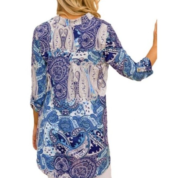 V-Neck Long Sleeve Blue Floral Print Top Sz L - Picture 3 of 4